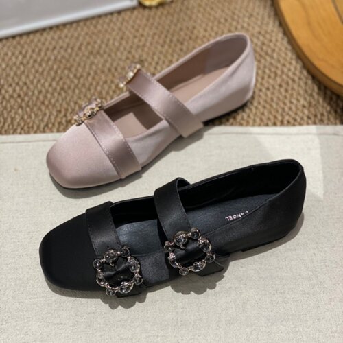法式水钻一字扣玛丽珍平底女鞋