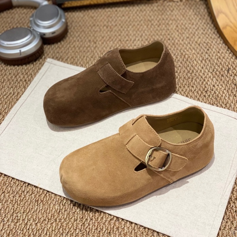 反绒皮勃肯鞋女2025新款圆头软底复古风魔术贴休闲鞋舒适百搭单鞋