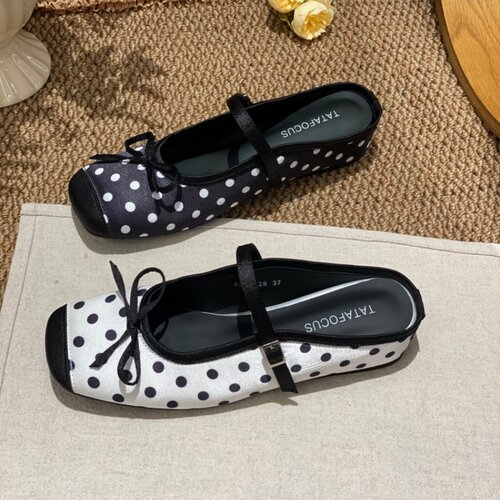 夏季波点蝴蝶结方头粗跟玛丽珍鞋