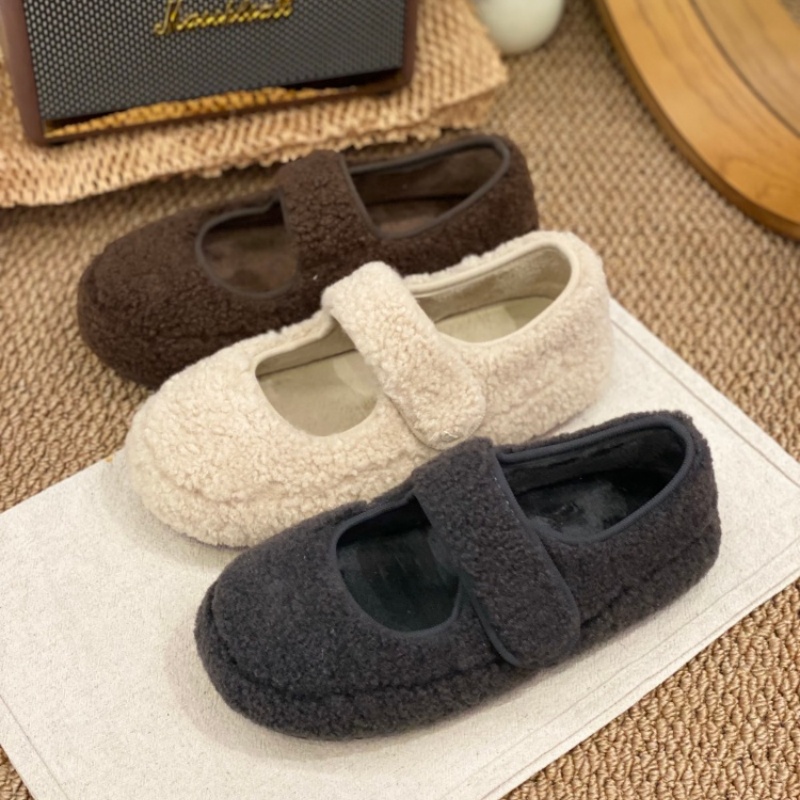 毛毛玛丽珍女鞋2025冬季新款一脚蹬一字带保暖加绒软底休闲棉鞋女