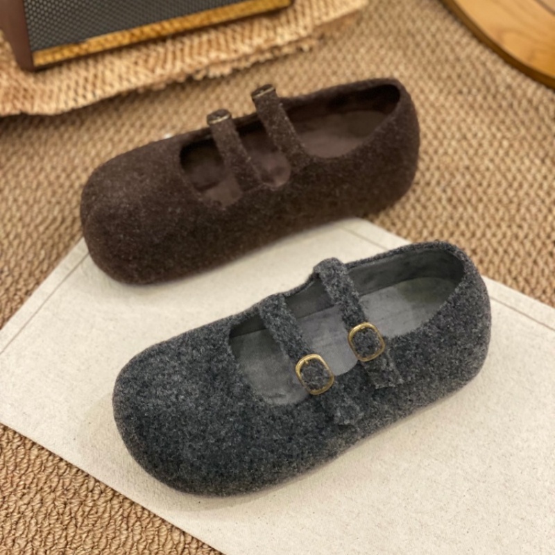 反绒皮玛丽珍鞋女2025冬季新款百搭舒适厚底复古圆头浅口毛毛单鞋