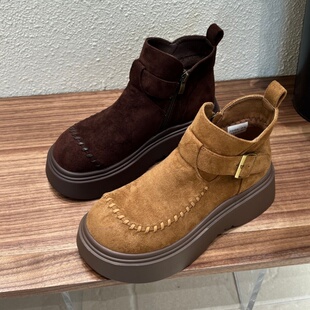 2025秋冬款英伦风磨砂绒面厚底短靴女侧拉链增高休闲马丁靴户外靴