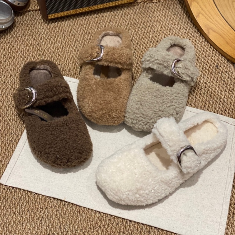 2025新款冬季舒适勃肯鞋搭扣毛毛拖平底一脚蹬保暖包头半拖懒人鞋