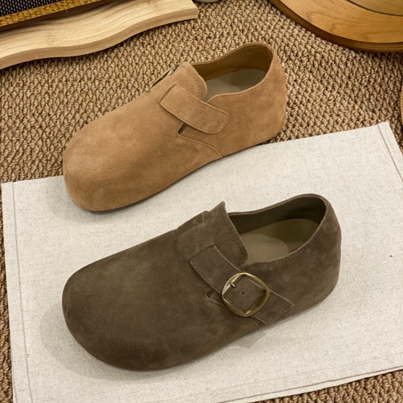 2025冬季新款反绒皮勃肯鞋女一脚蹬平底魔术贴圆头舒适百搭休闲鞋