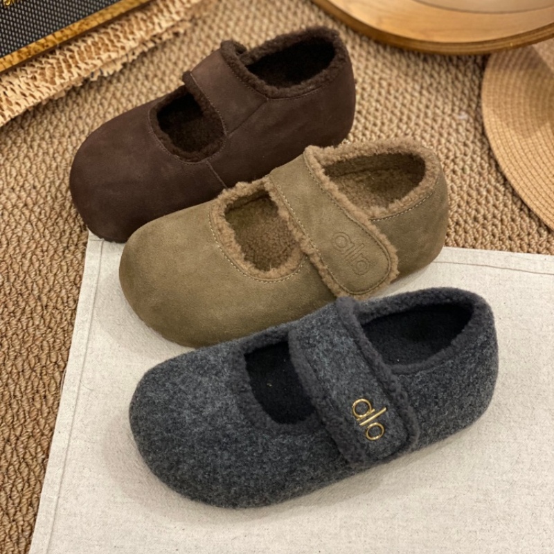 2025冬季新款毛绒玛丽珍鞋女魔术贴懒人一字带平底勃肯鞋加绒单鞋