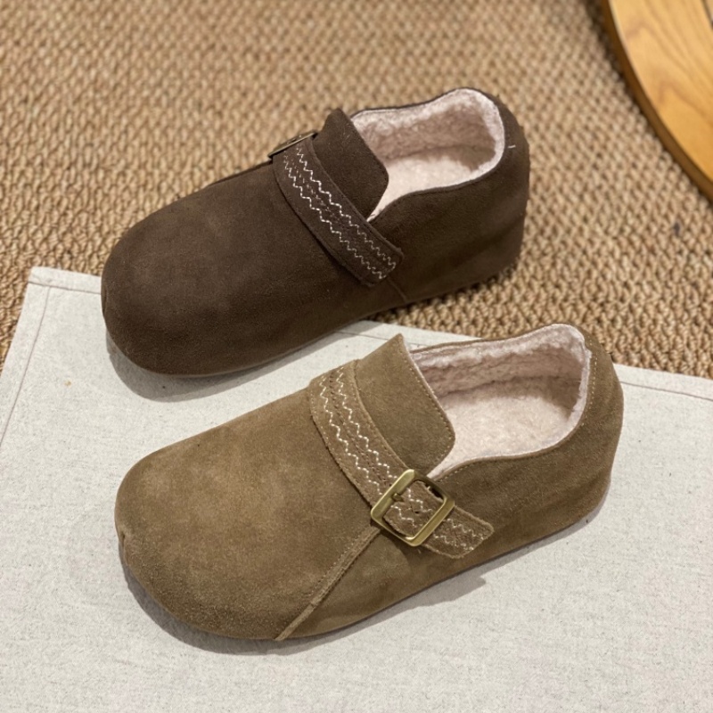 勃肯鞋女2025新款反绒皮休闲鞋羊羔毛百搭舒适平底圆头一脚蹬单鞋