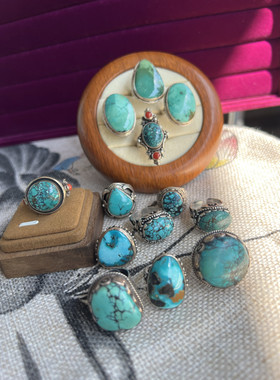 凉玥尼泊尔精工重磅复古宫廷风原矿绿松石925纯银戒指闺蜜妈妈礼