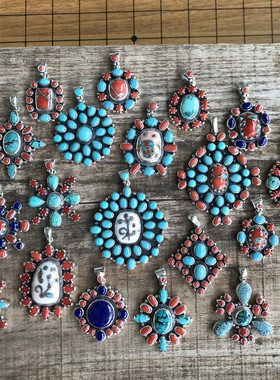 凉玥尼泊尔手工民族风重磅精工藏式绿松石蓝松青金石925纯银吊坠