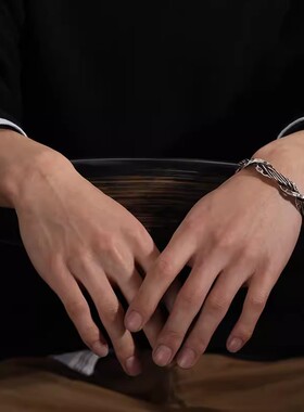 新款泰银泰国手工锤纹银丝编织手镯男士个性复古开口小众手环镯子