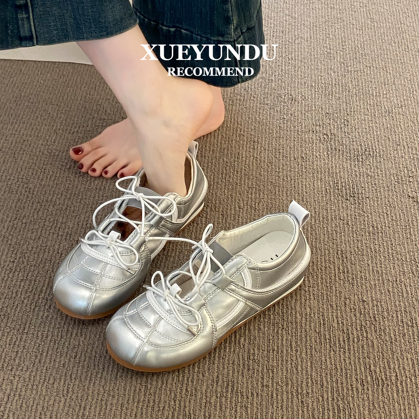 品牌5CM内增高~真皮厚底银色德训鞋女夏芭蕾玛丽珍鞋户外徒步休闲