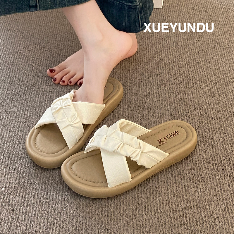 品牌法式高级感厚底交叉凉拖鞋女夏外穿2025新款平底休闲度假沙滩