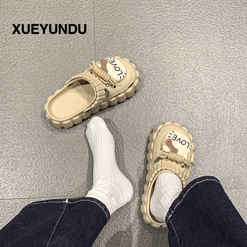 品牌洞洞鞋女款夏季学生室内外穿可爱字母猫咪厚底两穿防滑包头凉