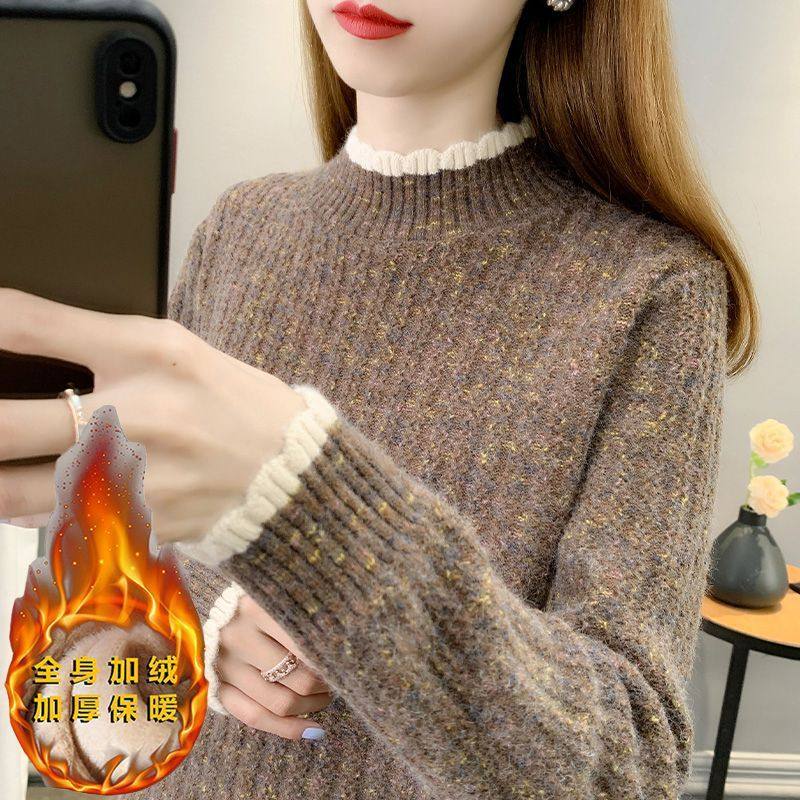 加绒加厚半高领打底衫广州十三行女装洋气秋冬新款百搭毛衣针织衫