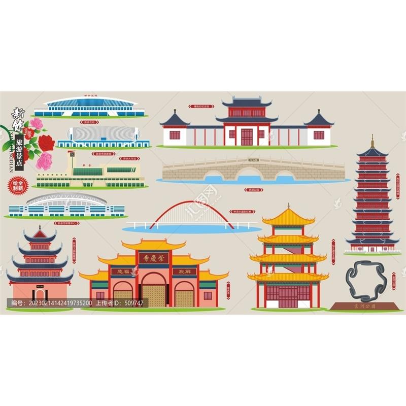 D198江西新余市AI矢量地标旅游建筑海报设计线稿城市剪影手绘插画