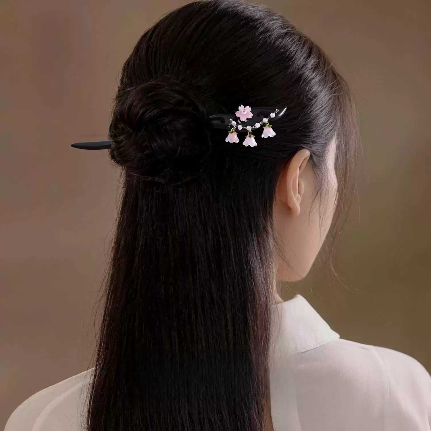 新中式铃兰花步摇檀木簪子复古气质优雅汉服发簪盘发头饰