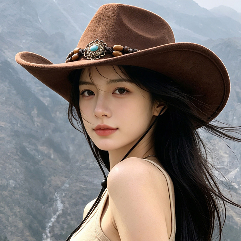川西旅游西部牛仔帽女夏季大帽檐防晒帽户外登山民族风复古骑士帽