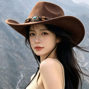 川西旅游西部牛仔帽女夏季大帽檐防晒帽户外登山民族风复古骑士帽