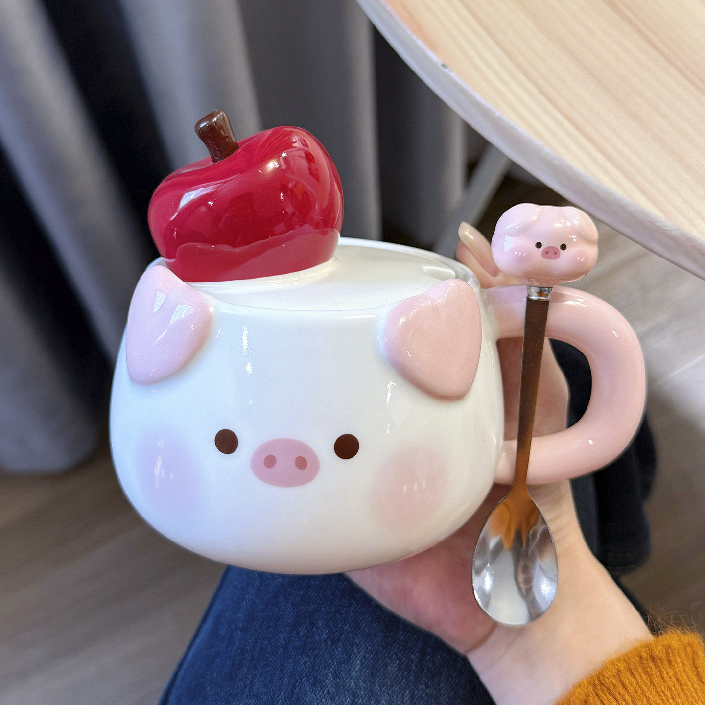 可爱红苹果小猪陶瓷马克杯带盖高颜值大容量咖啡杯生日礼物伴手礼
