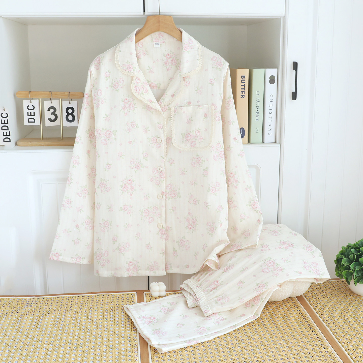 纯棉春夏薄款翻领睡衣女家居服长袖宽松全棉双层棉纱休闲舒适柔软