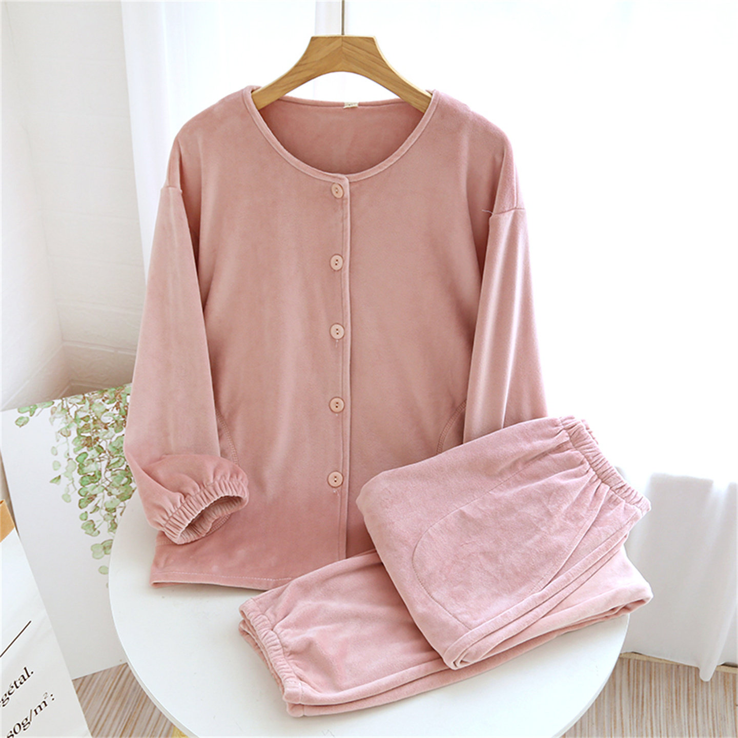 秋冬季海岛绒女圆领睡衣套装宽松大码加绒加厚保暖家居服薄绒弹力