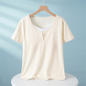 睡衣上衣女春秋薄款 免文胸T恤 纯棉针织简约纯色带胸垫假两件短袖