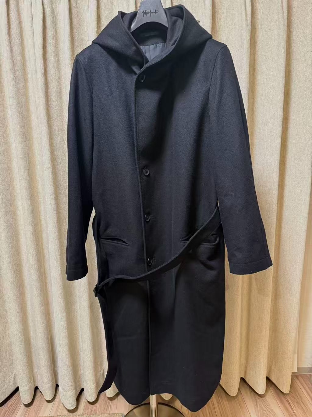 Yohji Yamamoto Black Long Hooded Coat — front