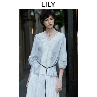 百搭通勤泡泡袖 博主同款 女2025夏新款 条纹蕾丝雪纺衫 上衣 LILY法式