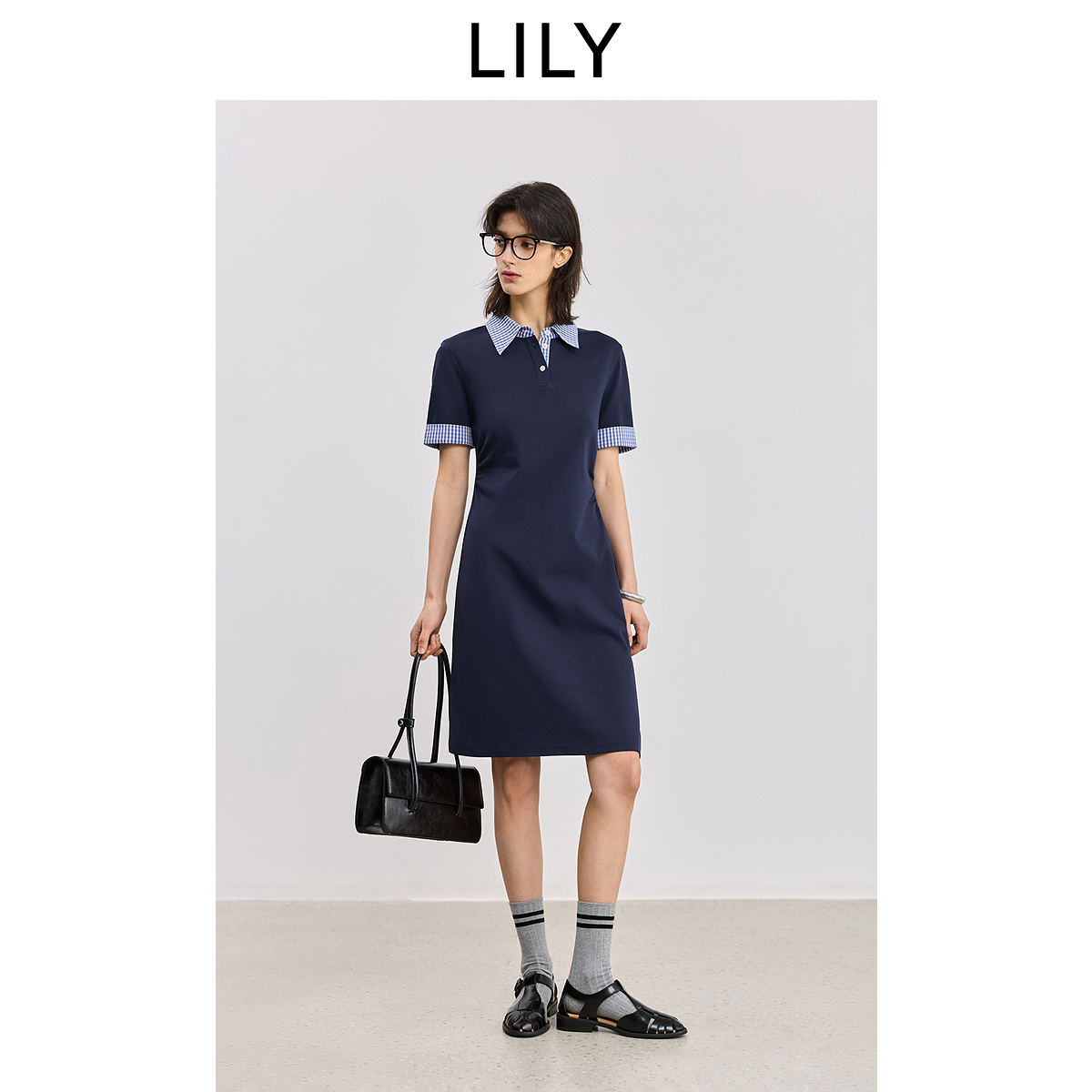 【航海系】LILY2025夏新款学院风撞色格纹POLO领休闲收腰连衣裙