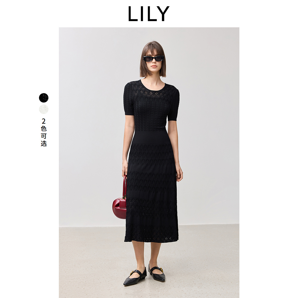 【LILY时光小黑裙】商场同款2025春新款女装浪漫蕾丝泡泡袖连衣裙