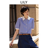 衬衫 LILY2025夏新款 简约气质蓝色格纹宽松休闲百搭通勤短袖 外套女