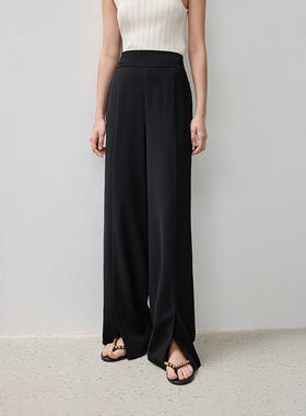 【商场同款】LILY2024秋新款哑光磨砂肌理感垂坠开叉黑色阔腿裤女