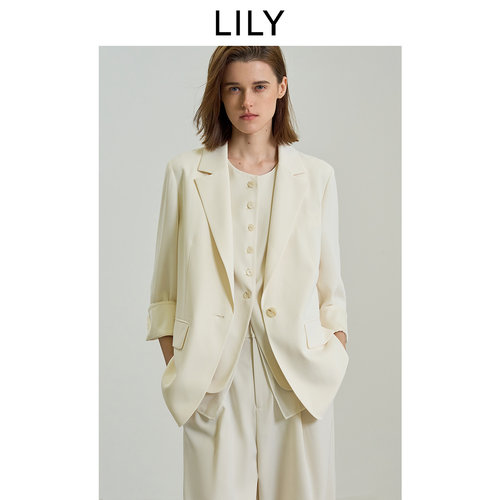 防晒防透LILY2025夏新款女装气质UPF50+职业通勤米白色西装外套