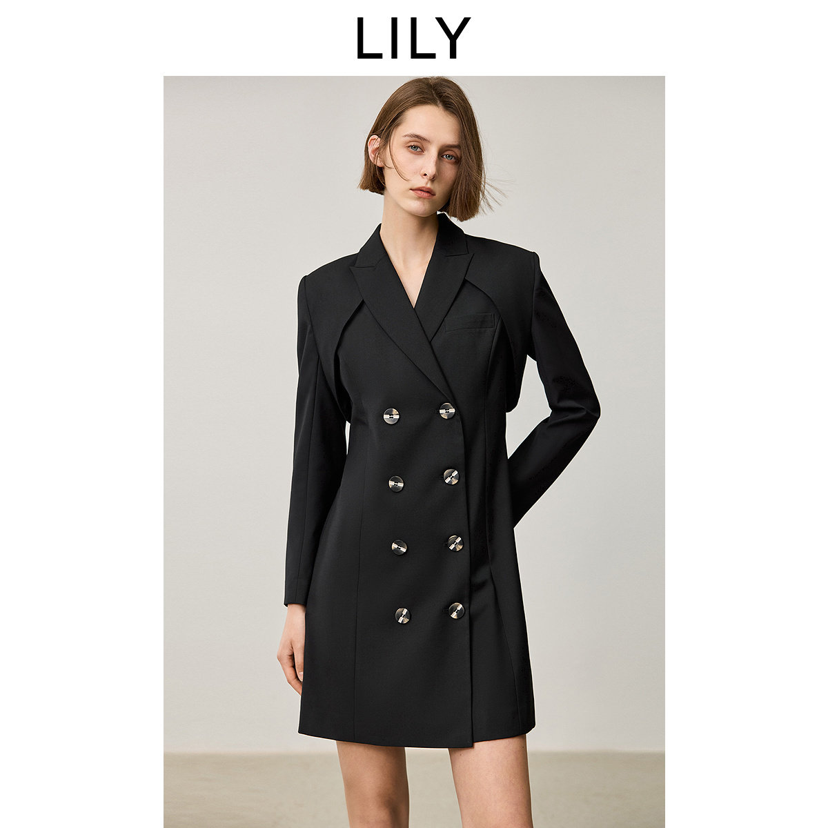 LILY2024秋新款女装优雅商务戗驳领双排扣可拆卸风衣式两穿连衣裙