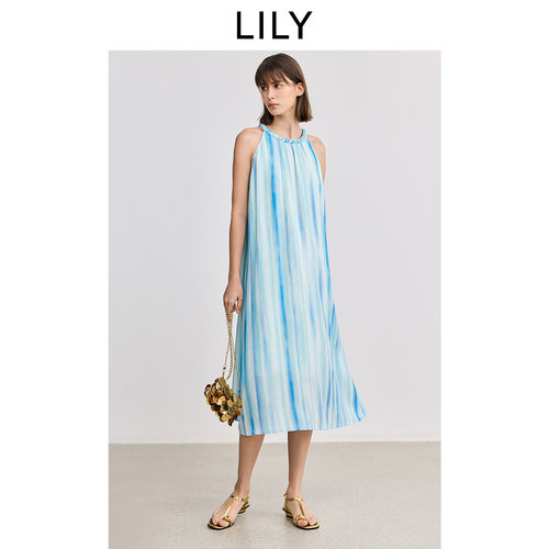 LILY2025春新款女装新中式莱赛尔亚麻渐变A字编织挂脖蓝色连衣裙