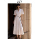 法式 LILY2025夏新款 女装 重工蕾丝绣花V领收腰优雅全棉白色连衣裙