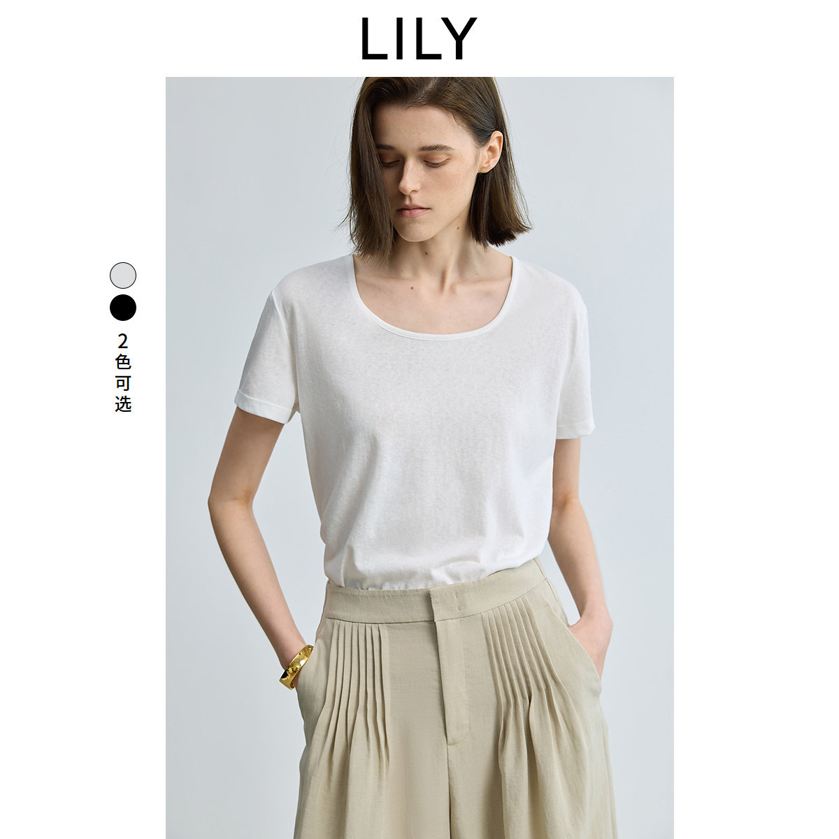 LILY2025夏新款女装莱赛尔棉麻基础款U领休闲百搭通勤短袖T恤上衣