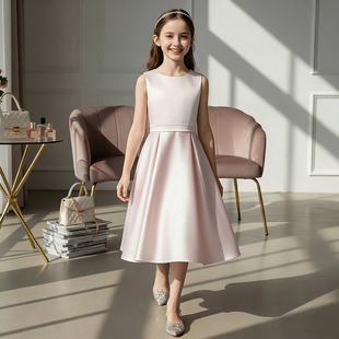 女童缎面礼服夏季浅粉色无袖生日派对公主裙儿童主持人钢琴演出服