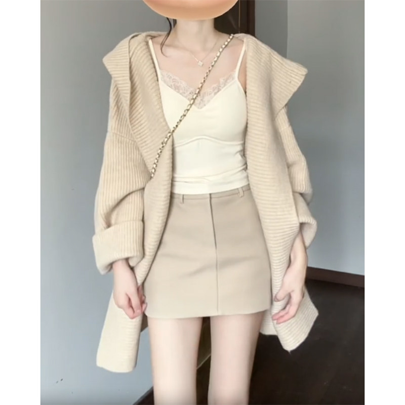 杏色连帽毛衣开衫外套女