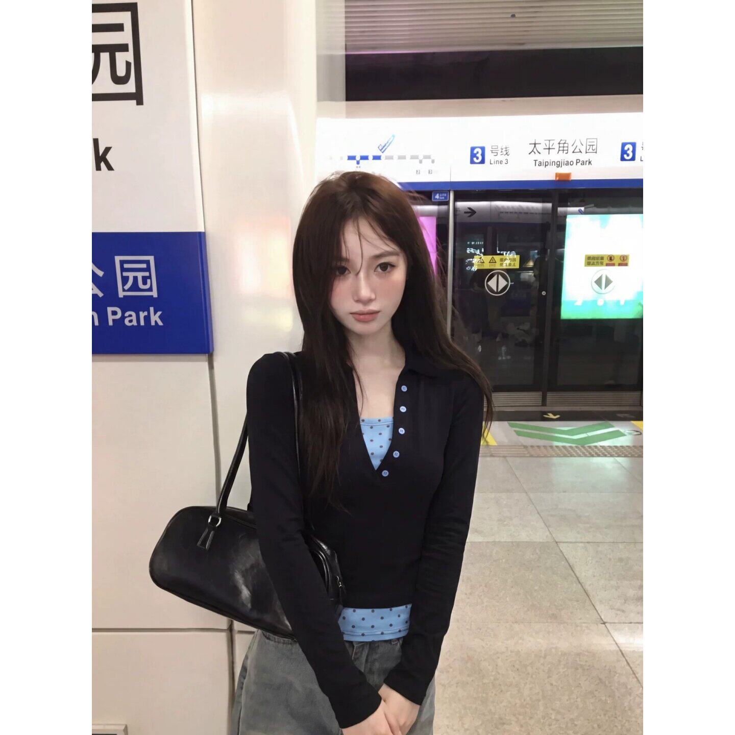 韩系撞色波点假两件长袖T