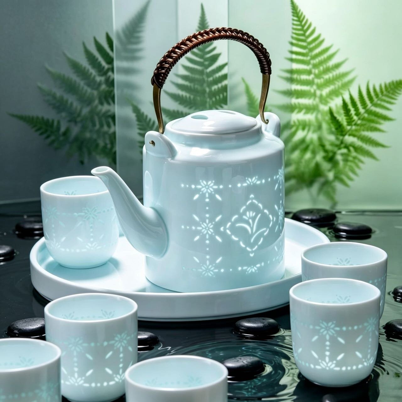 景德镇高温陶瓷水具套装影青玲珑瓷水杯凉水壶家用茶具茶杯泡茶