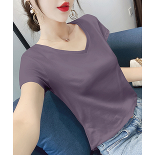 暗紫色短袖t恤女V领修身纯棉2026春夏季新款韩版百搭正肩紧身上衣