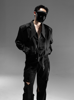SANGWOO 22.FW “Mailman”垫肩设计师外套男先锋深开领双开拉链