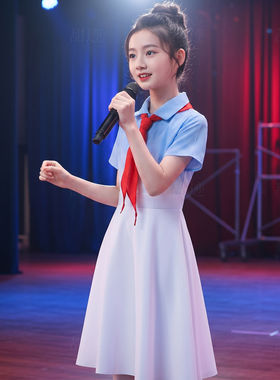 儿童初中小学生演讲朗诵演出服女童爱国蓝主持人毕业合唱比赛服装
