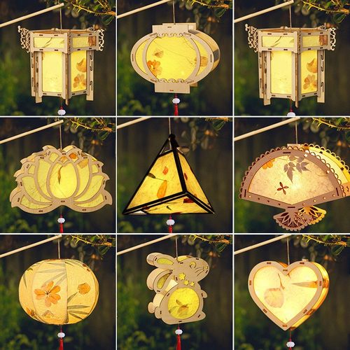 中秋节新款灯笼发光手提儿童活动道具手工制作材料包DIY木质灯笼