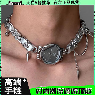 高级时尚小众时间表盘克罗皮革项圈y2k千禧辣妹亚文化男女项链潮