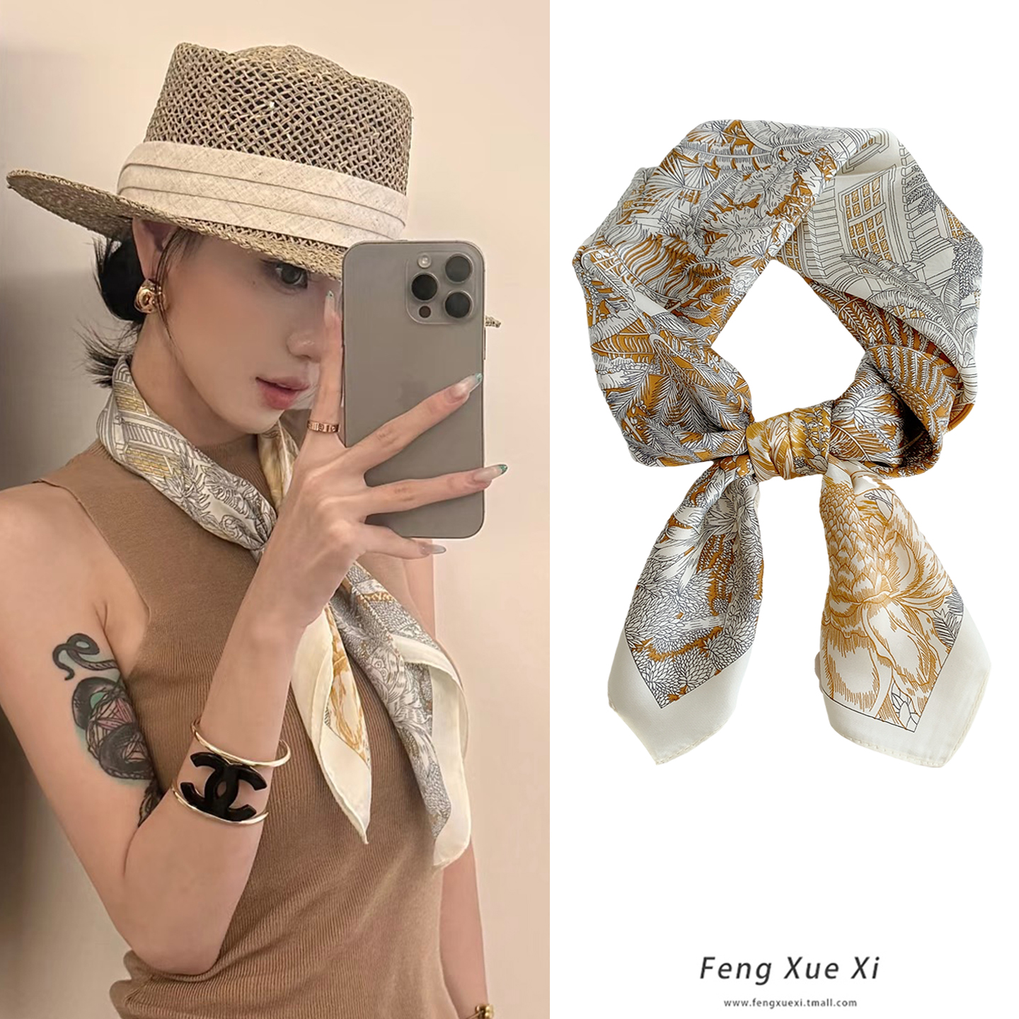 香槟金洋气小方巾女士丝巾2025新款韩版春秋季护颈围脖领巾小围巾