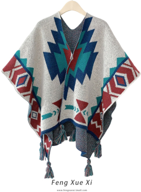 蓝色图腾民族风披肩波西米亚外搭仿羊绒保暖披风斗篷秋冬季围巾女