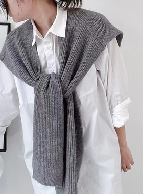 灰色韩版毛线针织外搭披肩女秋冬季百搭装饰斗篷打结围巾搭肩假领