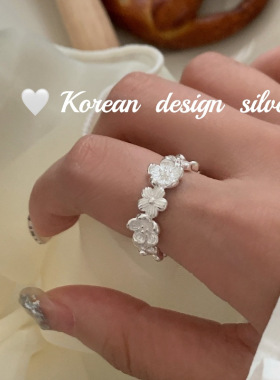 韩国S925纯银立体花朵拼接戒指女小众Ins设计感开口可调节指环女