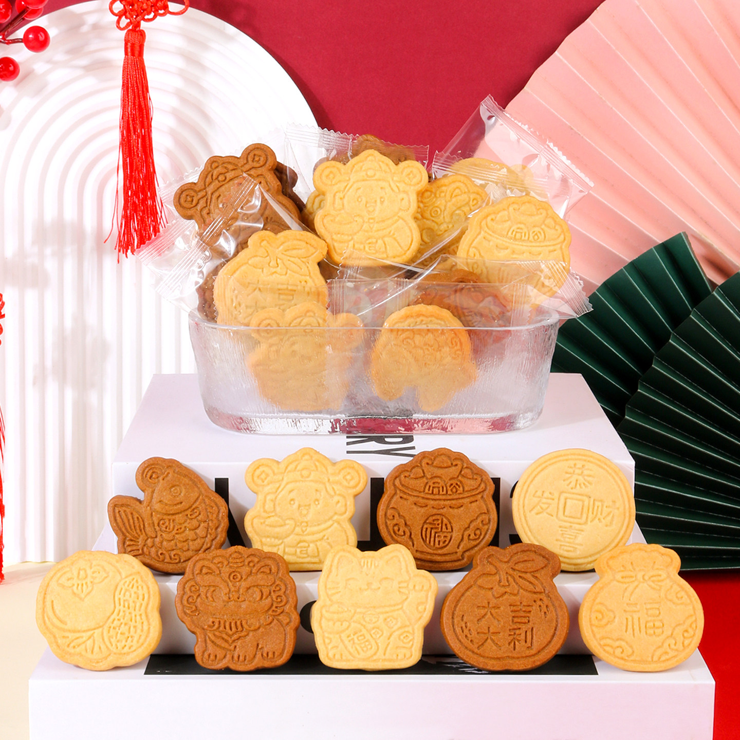 新年黄油味曲奇饼干咖啡味零食可爱造型独立包装招财猫主题礼物